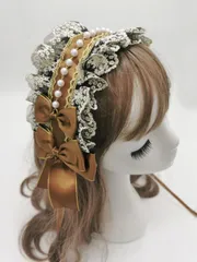 甘ロリlolita 姫系 コスプレ系 おしゃれリかわいい パーティー お人形茶話会 萌え系 ヘッドドレス カチューシャコスプレ系 レースフリル フリル (コーヒー色 ビーズチェーン ヘアアクセサリー リボン付き Coffee) 髪飾り ゴシックロリータ [通用