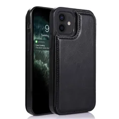 iPhone12 ケース/iPhone12Pro ケース 6.1インチ用 背面ポケット付き 写真入れ カード収納 スタンド機能付き マグネット式 耐衝撃 PU+TPU素材 スマホカバー(ブラック)