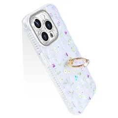 YUYIB iPhone13 Pro 用 ケース リング付き キラキラ レンズフィルム付き カメラ保護 かわいい 花柄 キャラクター ストラップホール おしゃれ 女性人気 耐衝撃 スマホケース アイフォン13Pro 携帯カバー (花柄2, iPhone13 P