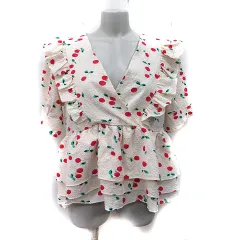 ミエーレグランデ miele grande シャツ ブラウス カシュクール フリル ティアード 総柄 半袖 ベージュ /YI