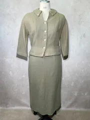 1950s ウールツイード スーツセットアップ 長袖＆スカート 12号 M～L 緑 カーキ グリーン ★ ビンテージ 古着 レディース スーツ ウール