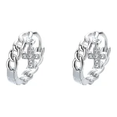 チェーン＆クロス　十字架　シルバーフープピアス　CZ ジルコニア　S925刻印【両耳セット】