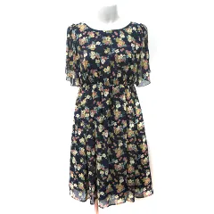 クチュールブローチ COUTURE BROOCH ワンピース ひざ丈 半袖 シフォン 花柄 36 S 紺 ネイビー /YI