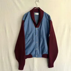 70s USA vintage 切替え ニット ジャケット / L ブルー バーガンディ ショールカラー ビンテージ K6-01041-9574