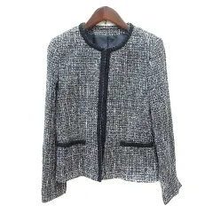 コムサイズム COMME CA ISM ノーカラージャケット 総裏地 ツイード ラメ M 紺 ネイビー /MN