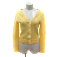 ヒューマンウーマン HUMAN WOMAN カーディガン ニット モヘヤ混 透かし編み 長袖 2 黄 イエロー 白 アイボリー /MS