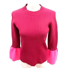 ニット カットソー Uネック 長袖 F ワインレッド ピンク /RT