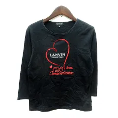 ランバン LANVIN collection カットソー Tシャツ クルーネック プリント 七分袖 スパンコール 40 L 黒 ブラック /MN