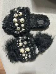 ブラック ファー スリッパ パール 装飾 スリッパ