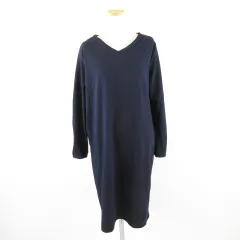 グラシア GLACIER Vネックワンピース ひざ丈 長袖 ストレッチ 紺 L *A355