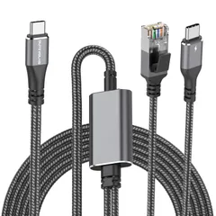 Dutevolns 充電付き USB C - イーサネットケーブル 2m、USB-C オス100W PD急速充電とギガビットLAN 2in1、Type C to RJ45 ナイロンケーブル、電力送信機能付き（PDポートはRJ45ポートに隣接）、Mac ...