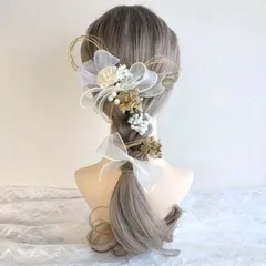 髪飾り＊成人式 卒業式 結婚式 ウェディング 振袖 袴 和装 前撮り~リボン パール 水引 編みおろし~くすみゴールド 金 12本