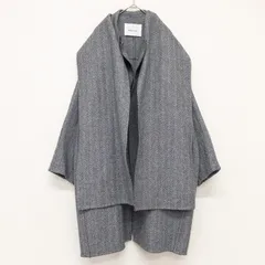 ◎Mila Owen　ミラオーウェン　ストール付きコート　ノーカラー　マフラー　ヘリンボーン柄　ウール　ナイロン　グレー　レディース　1　b00592のサムネイル