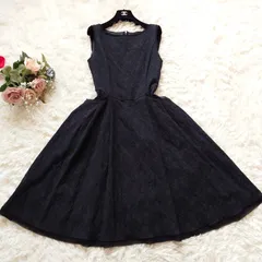 美品　デイジーリン フォクシー　DAISYLIN FOR FOXEY　ジャガード　フレア　ロング　ワンピース　ドレス　ノースリーブ　オーガンジー　レース　ブラック　黒　40　L　ポケットあり　オケージョン　パーティー　結婚式　お呼ばれ　二次会