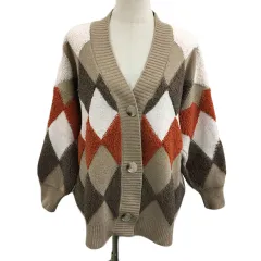 レイカズン Ray cassin カーディガン ニット Vネック アーガイル オーバーサイズ 長袖 F 茶 ベージュ ブラウン