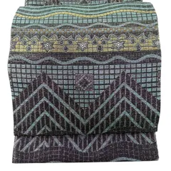 【美品】 袋帯 名品 格子 幾何学模様 金糸 箔 赤紫 六通 正絹 【中古】