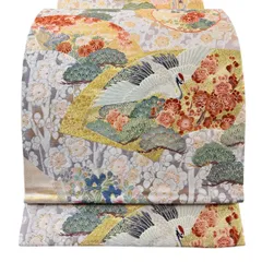 【美品】 袋帯 秀品 扇面 鶴 金糸 箔 薄紫 六通 正絹 【中古】