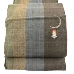名古屋帯 秀品 八寸名古屋帯 松葉仕立て トンネル仕立て ふくろう 月 銀糸 刺繍 焦茶色 正絹 【中古】