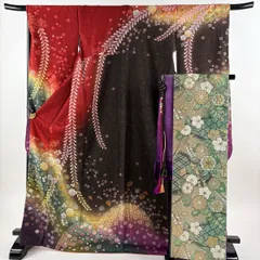 【美品】 振袖 身丈170cm 裄丈68cm L 袷 袋帯フルセット 辻が花柄 金通し ぼかし 赤 正絹 名品 【中古】