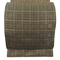 【美品】 袋帯 名品 縞 斜め格子 箔 金糸 黒 六通 正絹 【中古】