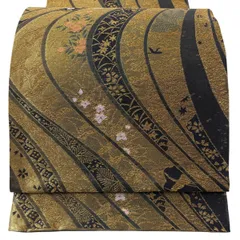 【美品】 袋帯 秀品 花鳥 若松 金糸 箔 金色 六通 正絹 【中古】