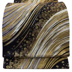 【美品】 袋帯 秀品 振袖向き 桜 幾何学 金糸 箔 黒 六通 正絹 【中古】