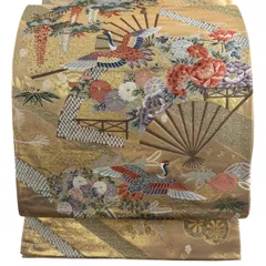 袋帯 秀品 扇 鶴 金糸 箔 金色 六通 正絹 【中古】