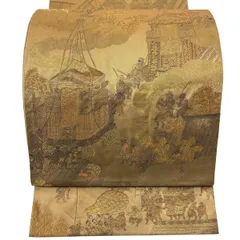 袋帯 秀品 証紙 本金二重箔 祭り風景 建物 金糸 金茶 お太鼓柄 正絹 【中古】
