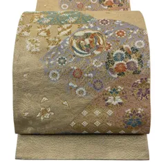 【美品】 袋帯 秀品 向かい鳥 草花 金糸 灰茶 全通 正絹 【中古】