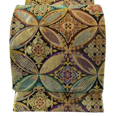 【美品】 袋帯 秀品 振袖向き 七宝繋ぎ 花菱 金銀糸 箔 黒 六通 正絹 【中古】