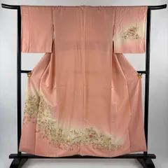 付下げ 身丈155cm 裄丈64cm M 袷 花唐草 菊 刺繍 金糸 サーモンピンク 正絹 秀品 【中古】
