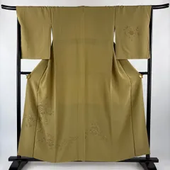 付下げ 身丈157.5cm 裄丈67cm M 袷 華文 花唐草 刺繍 金糸 鶯色 正絹 秀品 【中古】