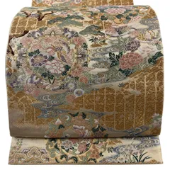 【美品】 袋帯 秀品 花鳥 松竹梅 唐織 箔箔 ベージュ 六通 正絹 【中古】