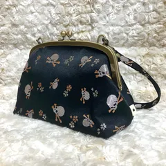 AYANOKOJI がま口ハンドバッグ 持ち手の取り外し可能 がま口ポーチ 和柄スカル ドクロ柄 花柄 ブラック
