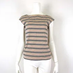 バーバリー ロンドン BURBERRY LONDON カットソー Tシャツ 半袖 フレンチスリーブ ボーダー柄 ノバチェック ストレッチ M 2 ベージュ 黒 赤 白 国内正規品 美品