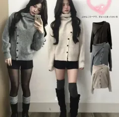 メゾンスキューディオ ウールニット 斜めボーダー アシンメトリー オフショルダー タートルネック ゴージ ニット カーディガン