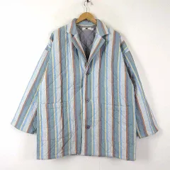 ヒロココシノ HIROKO KOSHINO 90’S ヴィンテージ ジャケット 中綿 コート アウター レトロ ストライプ柄 ワイドシルエット M-L 水色 ライトブルー オレンジ 黄色 レア 希少 古着