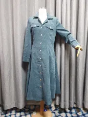 コーデュロイ ブルー ロング丈ワンピース