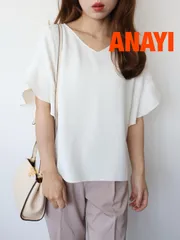 ANAYI　アナイ　Vネックフレアスリーブブラウス　日本製　Mサイズ　３８　オフホワイト　ゴールド　半袖　シンプル　春夏　綺麗め　送料込み　6465028