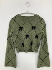 CIDER ニット/セーター S カーキ ウール・ニット チェック柄 リボン ショート丈 長袖 クルーネック(丸首)