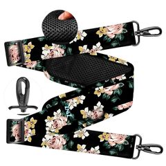 [ZINZ] Extra Thick Fixed Padded Shoulder Strap 193cm Universal Bag Strap with Cushion and Dual Balance Adjustable Buckle, Usable for Laptop Bags, Messenger Bags, Crossbody Bags, etc., Black Floral Design
