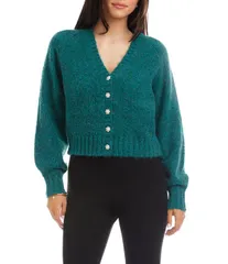カレンケーン レディース アウター ニット・セーター Vネック ウール カーディガン Karen Kane Wool Blend VNeck Long Sleeve Pearl Button Front Cardigan Sweater Teal ティール