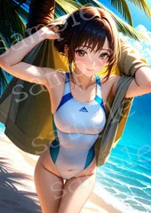 TA-0018 濡れ髪の陽光｜ビーチサイド競泳水着 AIアートフォト