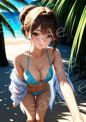 TA-0019 ヤシ影の誘惑｜潮風まとうターコイズビキニ AIアートフォト