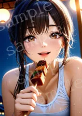 TA-0031 焼き鳥を食べる濡れ髪美女 AIアートフォト
