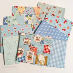 B25　マーガレット＆ソフィ　カットクロス セット 国産　綿100％／　コットン　生地　フルーツ柄　レトロ　水色　青　日本製　ナチュラル　カントリー　パッチワーク　キルト　はぎれ　ブルー