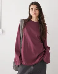 ウィークデイ レディース トップス Tシャツ Weekday oversized long sleeve tshirt Burgundy バーガンディ
