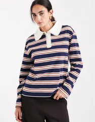 ミスセルフフリッジ レディース トップス Tシャツ レーストリム レース Misselfridge striped rugby shirt with lace trim collar STRIPE ストライプ