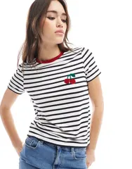 オンリー レディース トップス Tシャツ ONLY textured cherry detail tshirt and white stripes Cloudancer stripes ストライプ