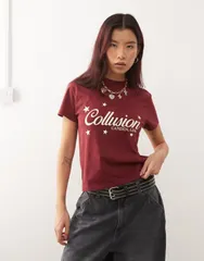 コルージョン レディース トップス Tシャツ グラフィック COLLUSION star graphic shrunken tee in burnt cherry